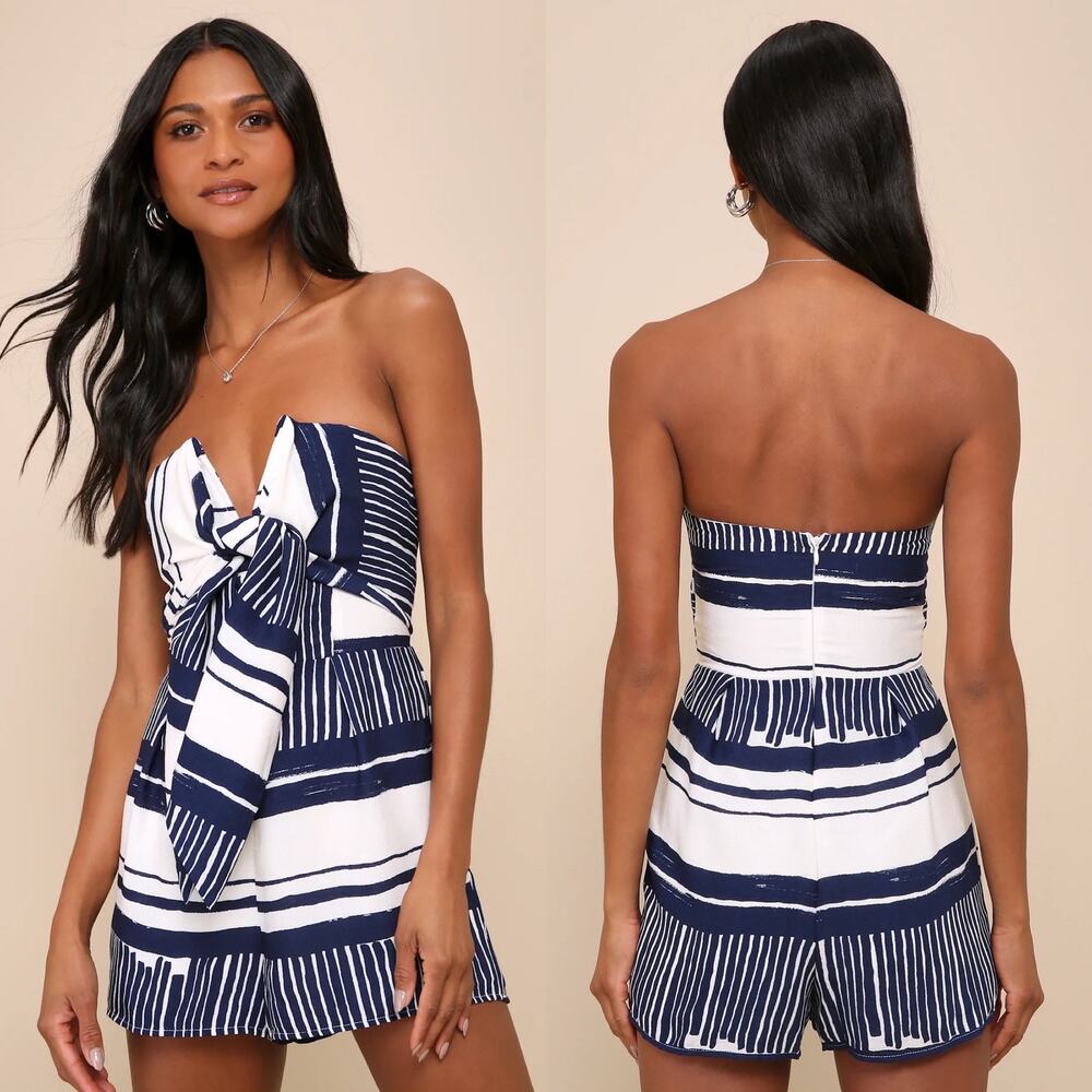 Lulus Delphi Blue and White Striped Tie-Front Strapless Romper